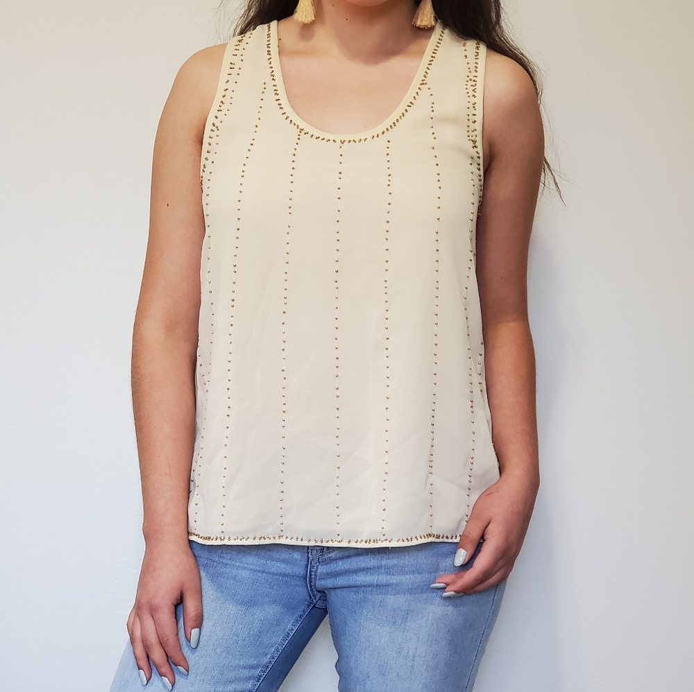 Boho Beige Beaded Tunic Blouse Loose Fit Size XS